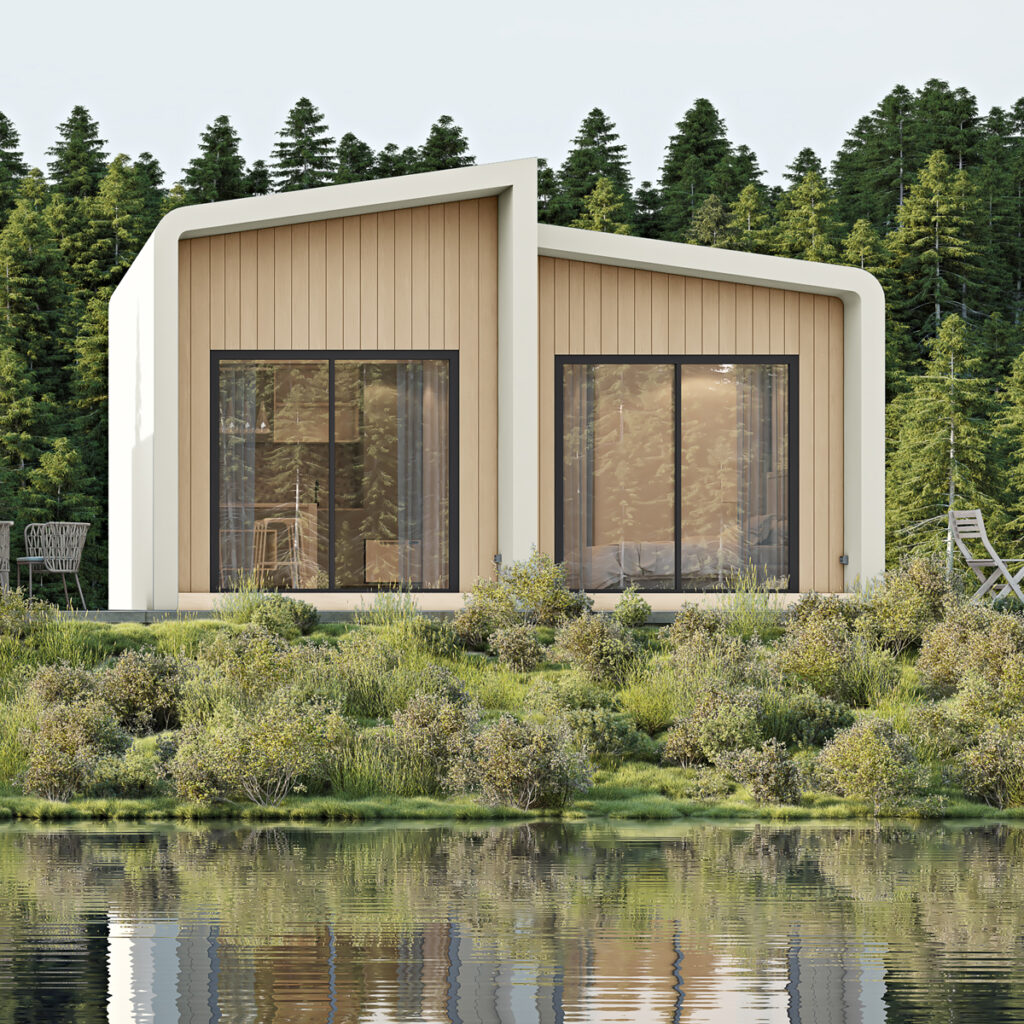 Modern modular home unit surrounded by trees and landscaped garden, showcasing contemporary eco-friendly architecture.