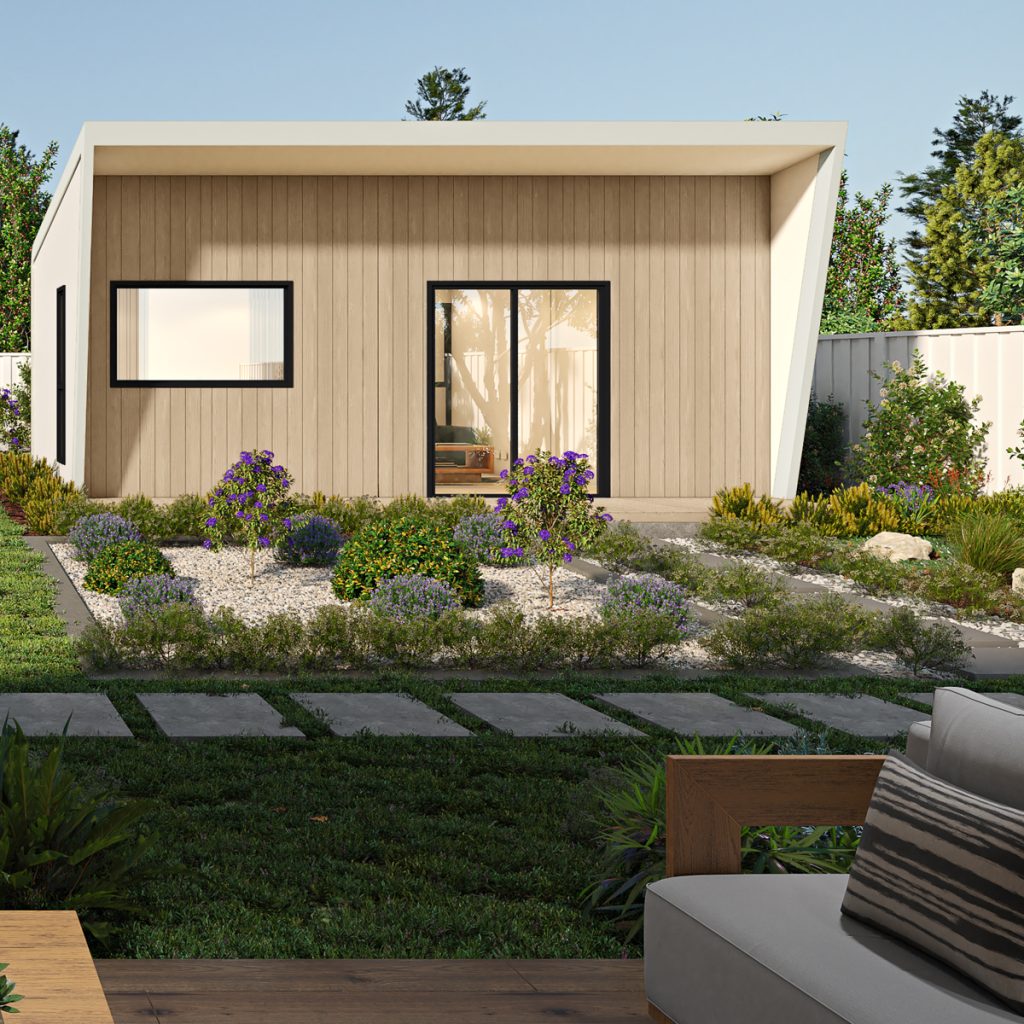 Compact Franklin Redipod modular home with white exterior, timber accents, and modern landscaping in front.